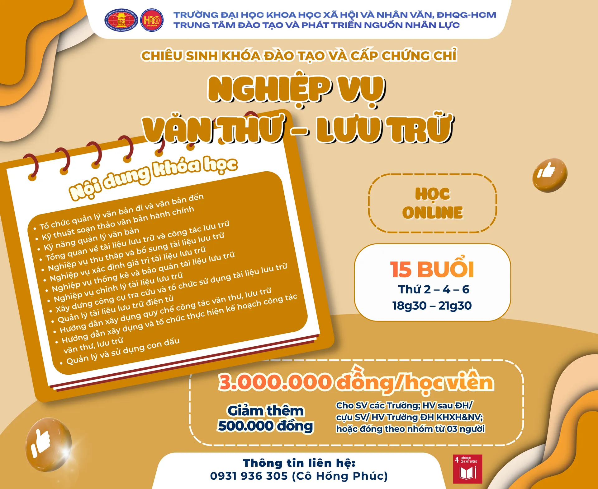 Chiêu sinh khóa đào tạo Nghiệp vụ Văn thư – Lưu trữ (Khóa 40) – Học ngày 21/09/2026
