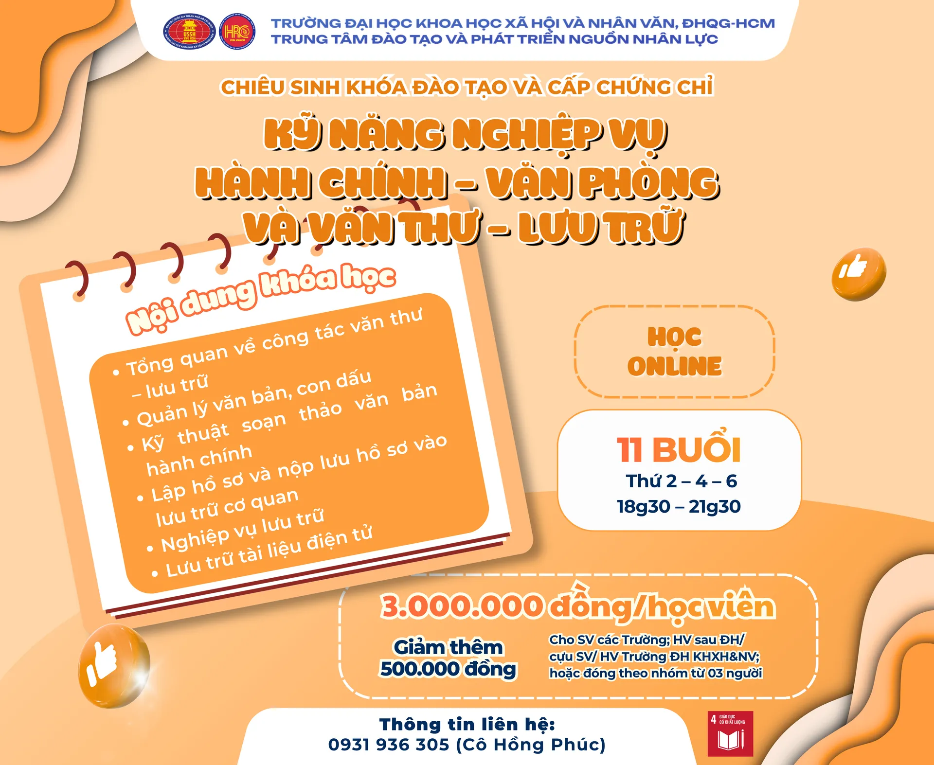 Chiêu sinh khóa đào tạo Kỹ năng nghiệp vụ Hành chính – Văn phòng và Văn thư – Lưu trữ (Khóa 26) – Khai giảng 26/10/2026