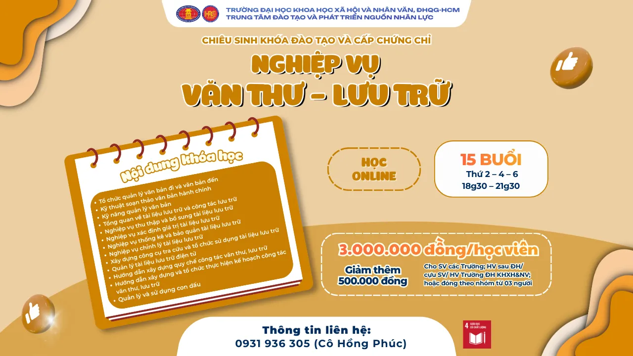 Chiêu sinh khóa đào tạo Nghiệp vụ Văn thư – Lưu trữ (Khóa 41) – Khai giảng 23/10/2026