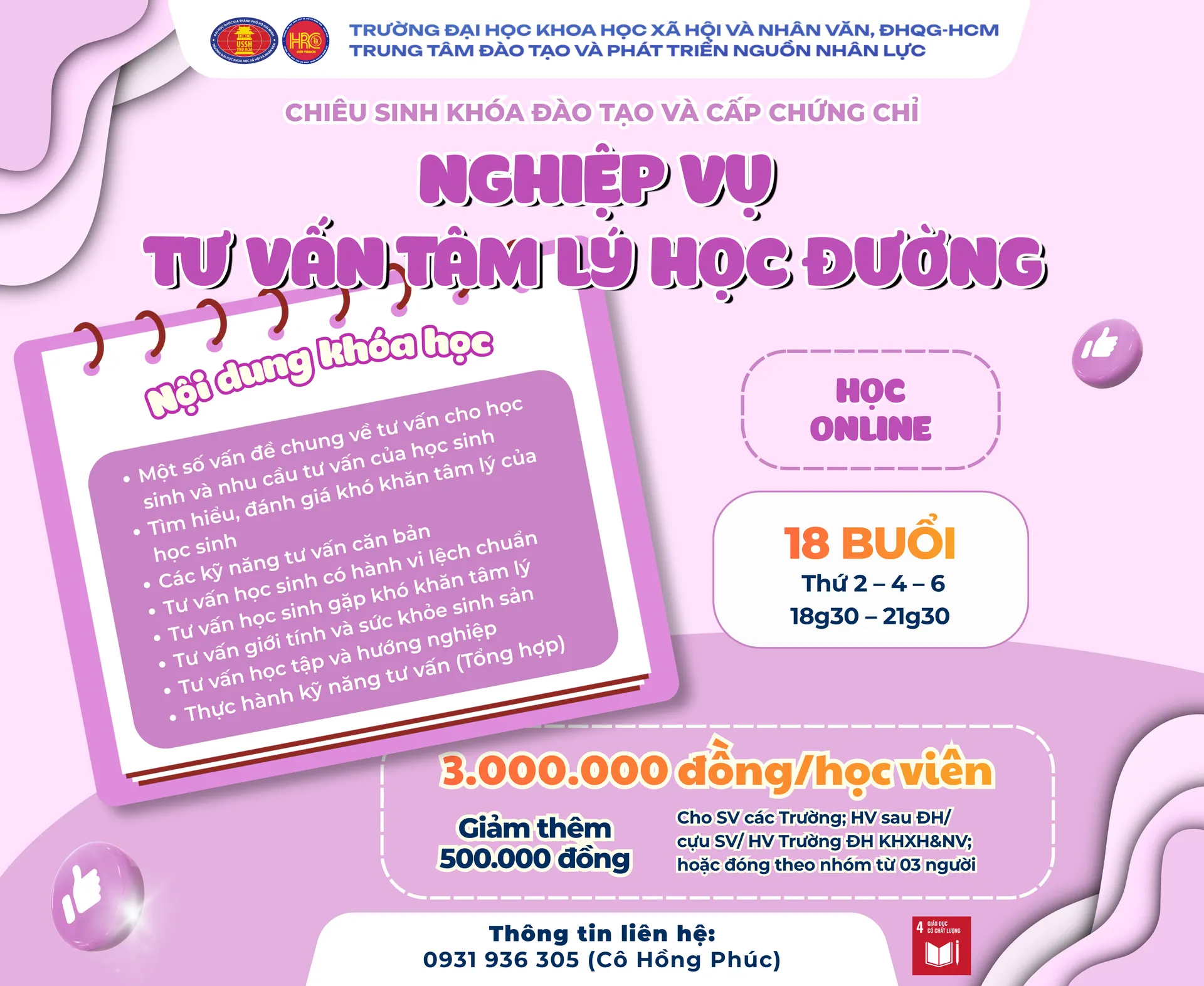 Chiêu sinh khóa đào tạo Nghiệp vụ Tư vấn tâm lý học đường (Khóa 45) – Dự kiến khai giảng 16/10/2026
