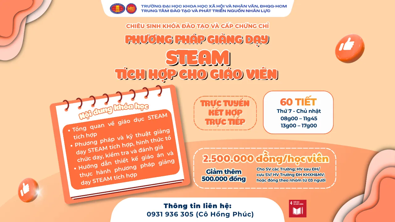 Chiêu sinh khóa đào tạo Phương pháp giảng dạy STEAM tích hợp cho giáo viên (Khóa 4) – Dự kiến khai giảng 13/12/2026