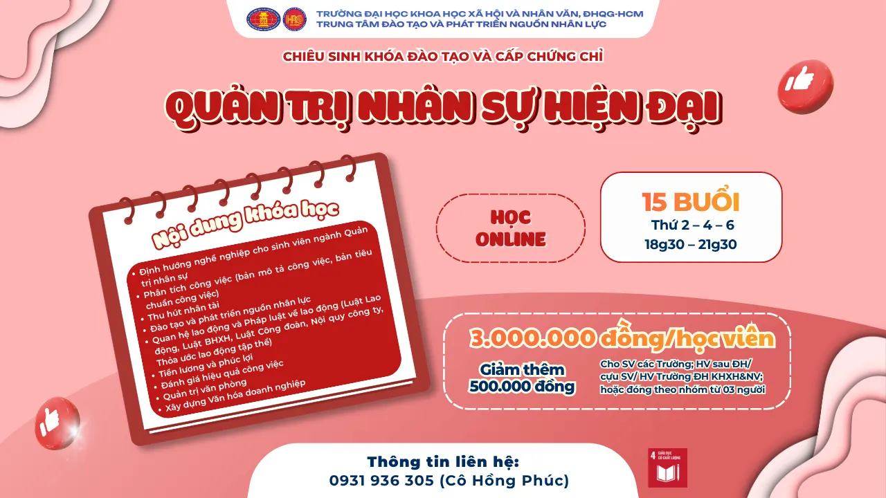 Chiêu sinh khóa đào tạo Quản trị nhân sự hiện đại (Khóa 10) – Dự kiến khai giảng 04/12/2026