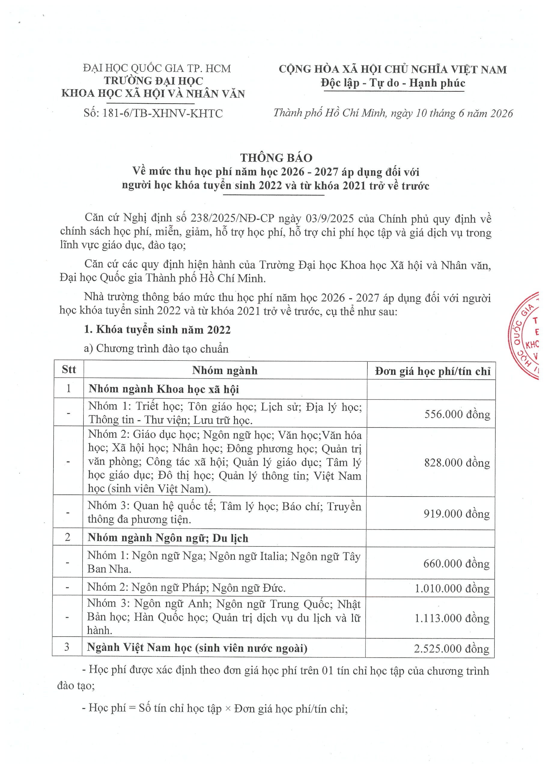 Thông báo 181-6 Về mức thu học phí năm học 2026 - 2027 áp dụng đối với người học khóa tuyển sinh 2022 và từ khóa 2021 trở về trước