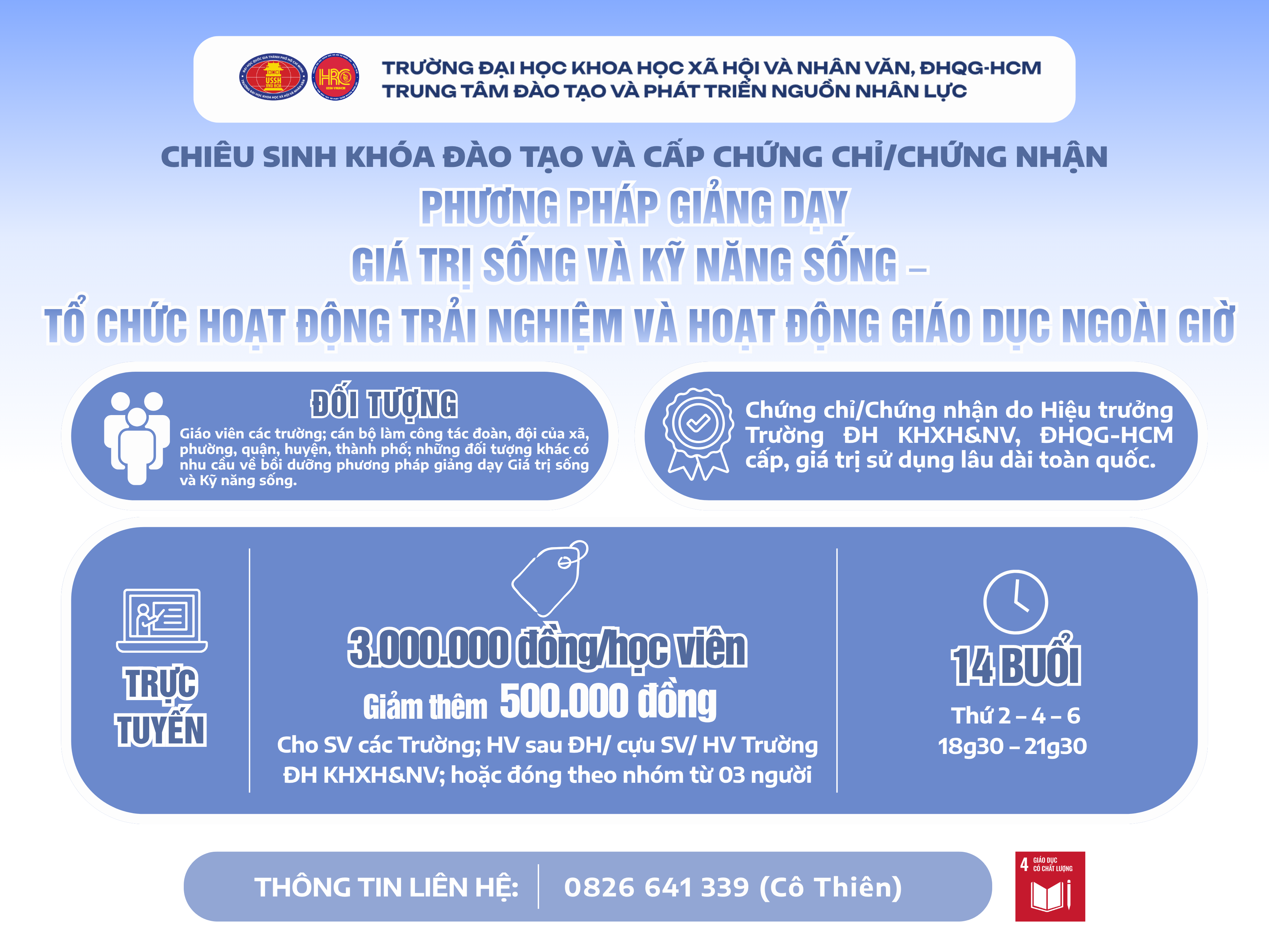 Chiêu sinh khóa đào tạo Phương pháp giảng dạy Giá trị sống và Kỹ năng sống – Tổ chức hoạt động trải nghiệm và hoạt động giáo dục ngoài giờ (Khóa 36) – Dự kiến khai giảng 18/09/2026