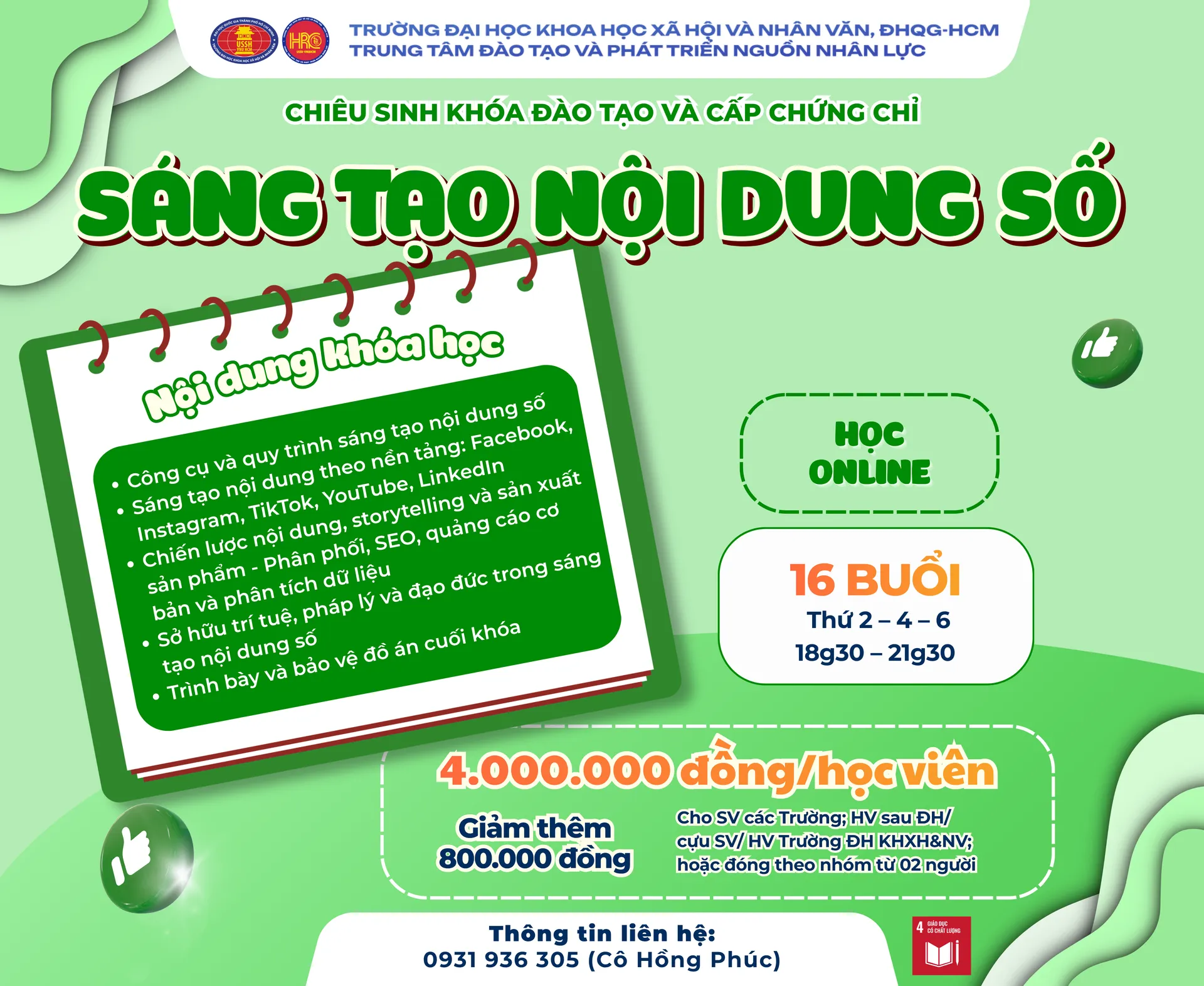 Chiêu sinh khóa đào tạo Sáng tạo nội dung số (Khóa 2) – Dự kiến khai giảng 11/11/2026