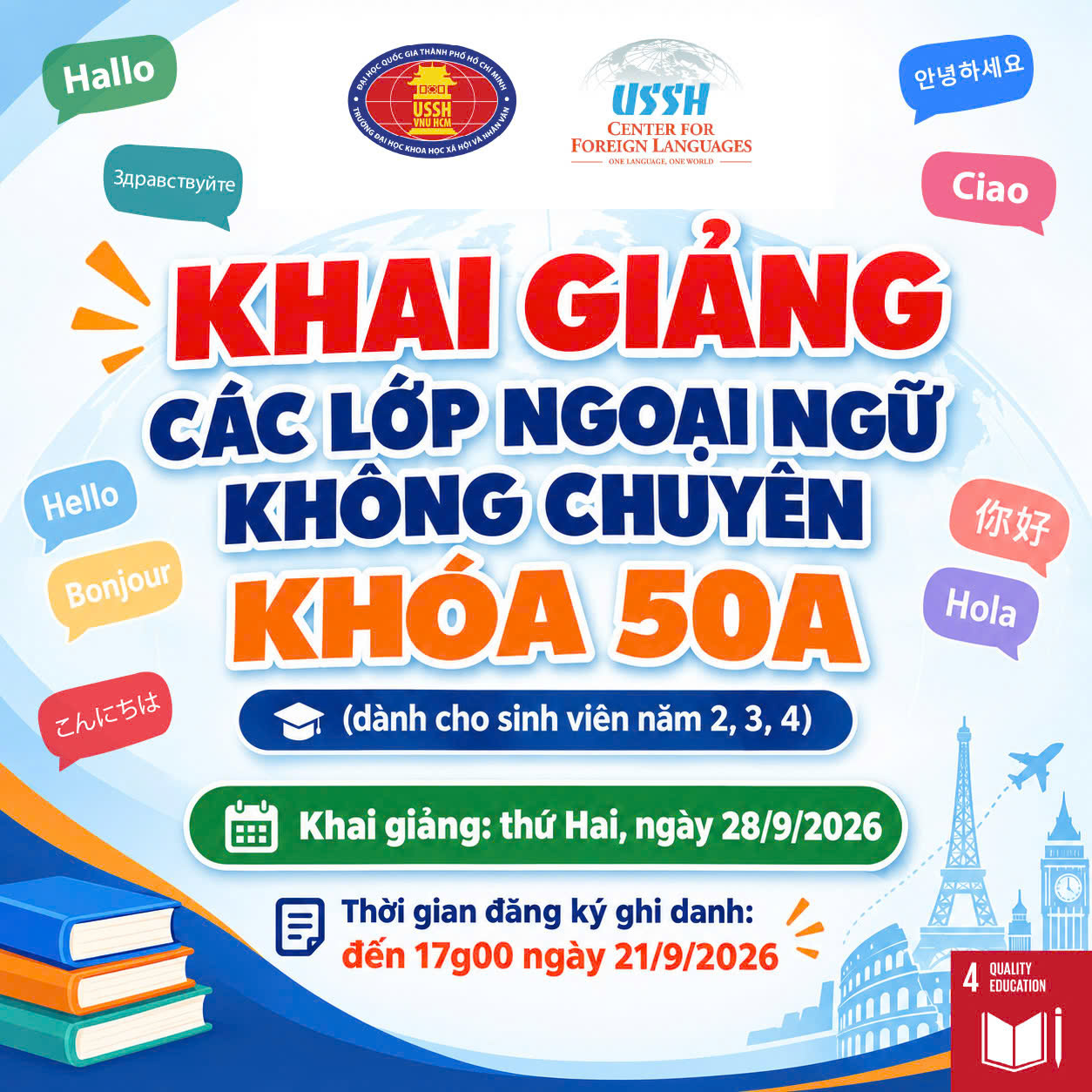 CHÍNH THỨC MỞ GHI DANH CÁC LỚP NGOẠI NGỮ KHÔNG CHUYÊN KHÓA 50A (DÀNH CHO SINH VIÊN NĂM 2,3,4)