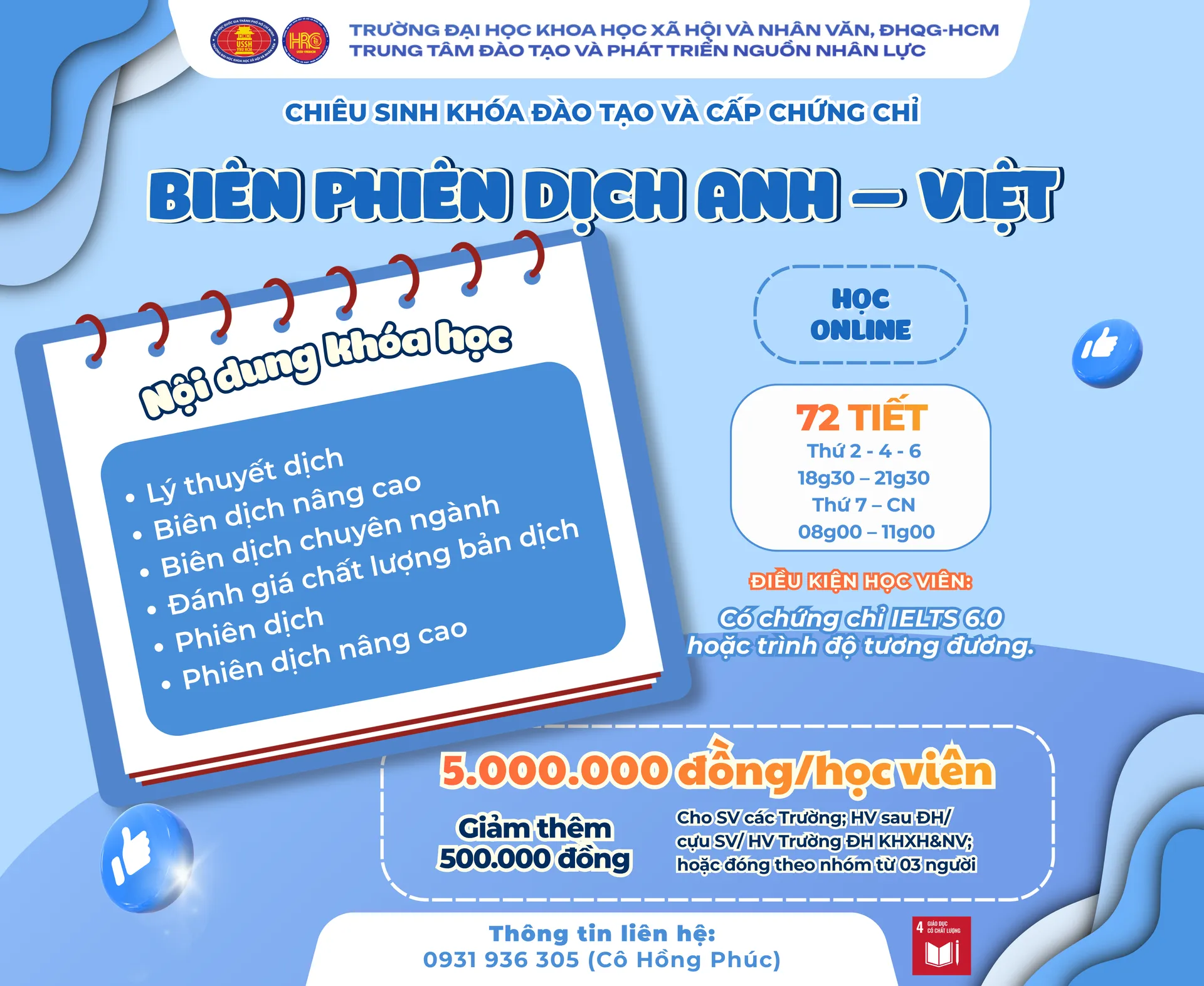 Chiêu sinh khóa đào tạo Biên phiên dịch Anh – Việt (Khóa 7) – Dự kiến khai giảng 23/10/2026