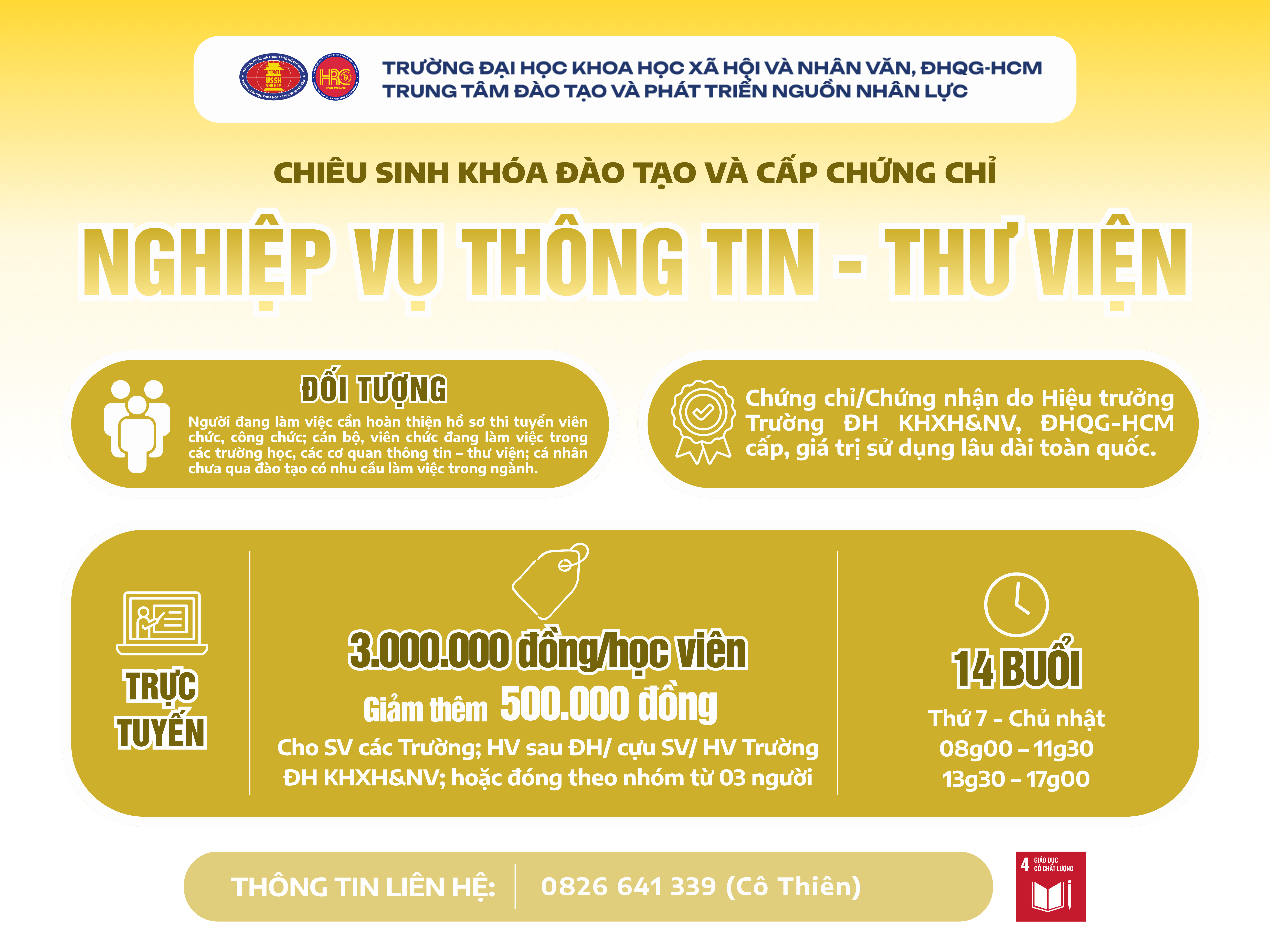 Chiêu sinh khóa đào tạo Nghiệp vụ Thông tin – Thư viện (Khóa 30) – Học ngày 18/10/2026